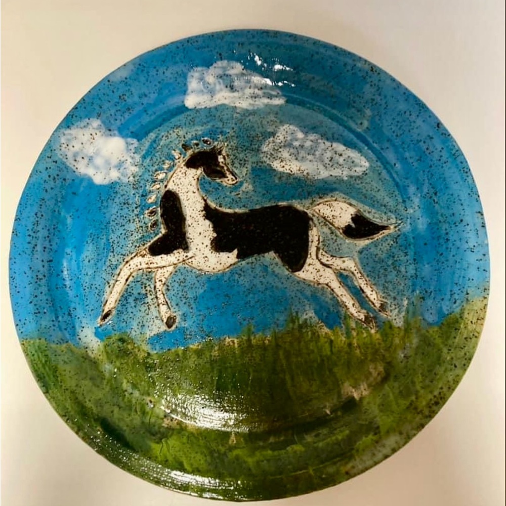 Handcrafted Ceramic Plate with Horse Design - Blue and Green